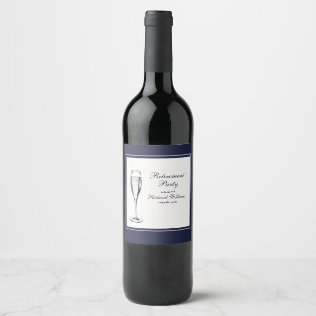 Elegant Formal Dark Bleu White Retirement  Wine Label (Front)