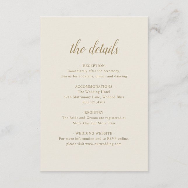 Elegant Formal Details Neutral Gold Ivory Wedding Enclosure Card (Front)