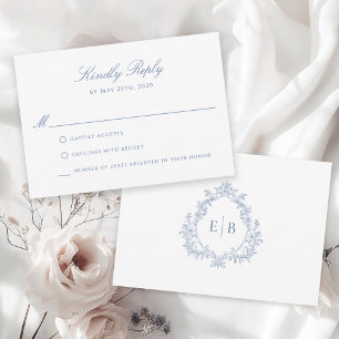 Elegant Formal Dusty Blue Crest Monogram Logo RSVP