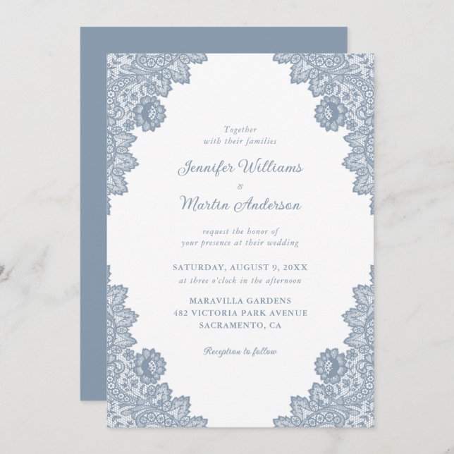 Elegant Formal Dusty Blue Floral Lace Wedding Invitation (Front/Back)