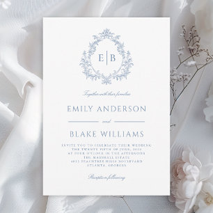 Elegant Formal Dusty Blue Monogram Wedding Crest Invitation