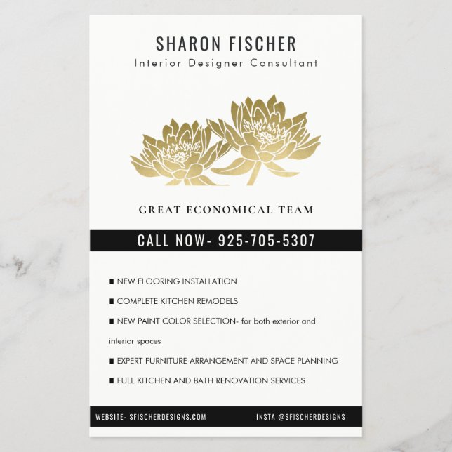 Elegant Formal Faux Gold Lotus Floral Business Flyer (Front)