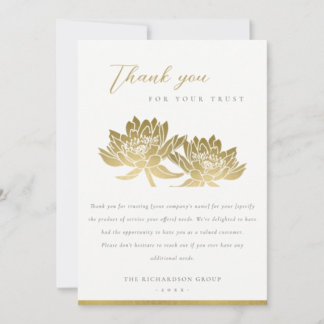 ELEGANT FORMAL FAUX GOLD LOTUS FLORAL BUSINESS THANK YOU CARD (Front)