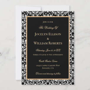 Elegant Formal Gold Black White Damask Wedding Invitation