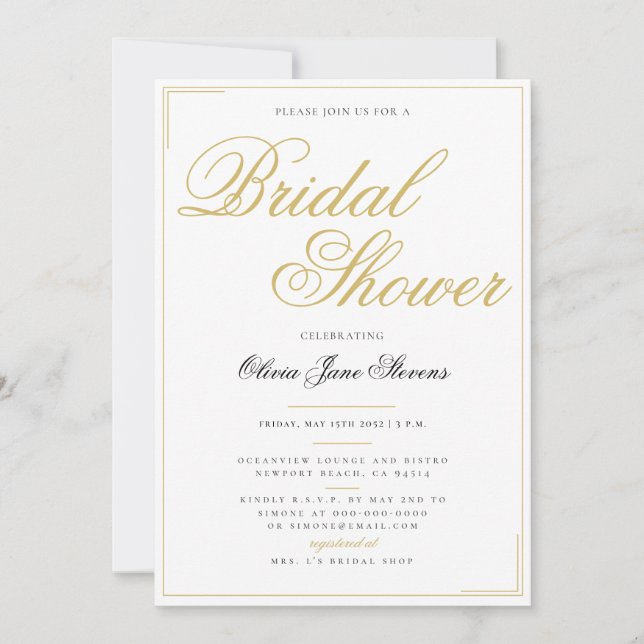 Elegant Formal Gold Script Frame Bridal Shower Invitation (Front)