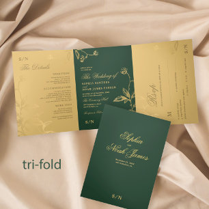 Elegant formal green gold wedding RSVP details Tri-Fold Invitation