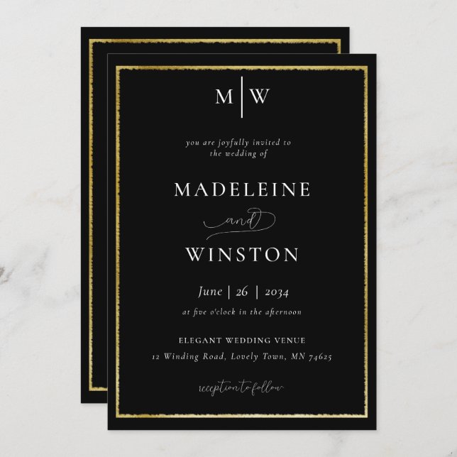 Elegant Formal Initials Black White Gold Wedding Invitation (Front/Back)