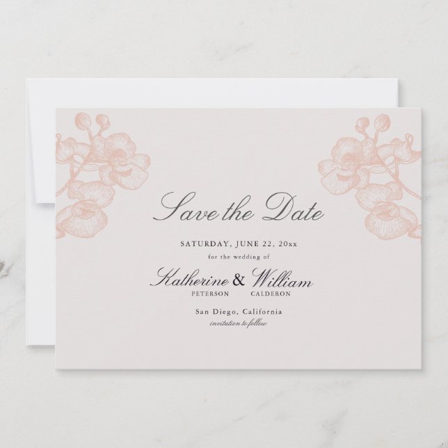 Elegant Formal Modern Classic Gold Orchid Wedding Save The Date (Front)