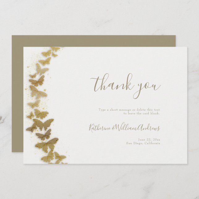 Elegant Formal Modern Gold Butterflies Wedding Tha Thank You Card (Front/Back)
