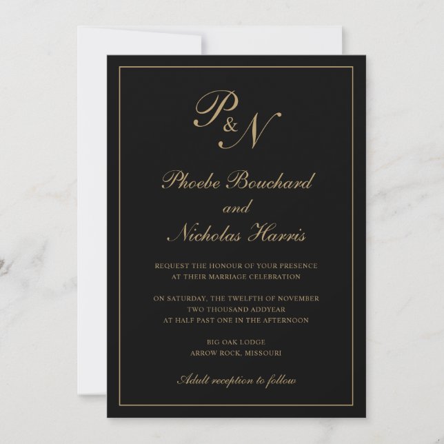 Elegant Formal Monogram Black and Gold Wedding Invitation (Front)