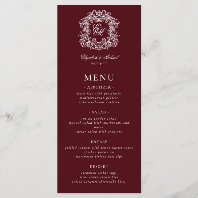 Elegant Formal Monogram Crest Burgundy Wedding Menu (Front)