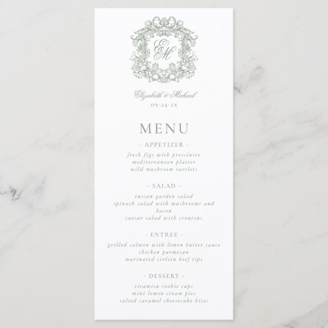 Elegant Formal Monogram Crest Sage Green Wedding Menu (Front)