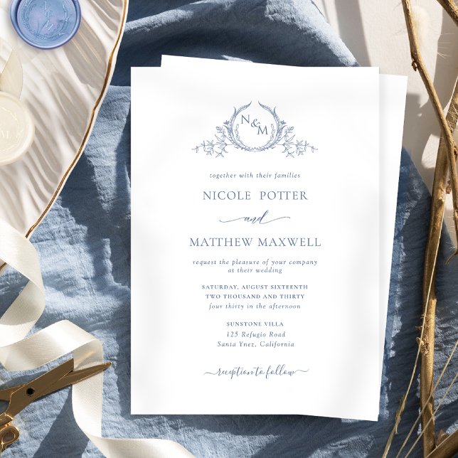 Elegant Formal Monogram Dusty Blue Wedding Invitation (Creator Uploaded)