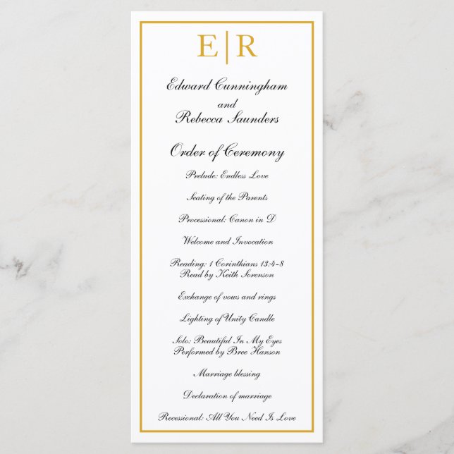 Elegant Formal Monogram Gold Wedding Program (Front)