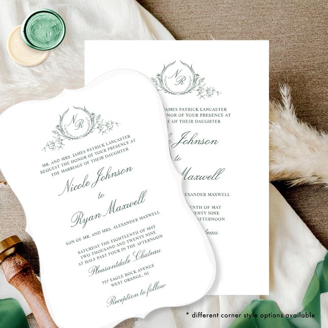 Elegant Formal Monogram Green Wedding Invitation (Creator Uploaded)