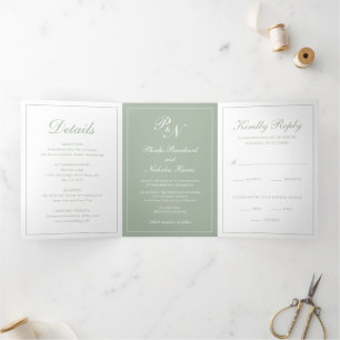 Elegant Formal Monogram Photo Sage Green Wedding Tri-Fold Invitation