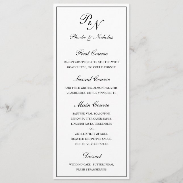 Elegant Formal Monogram Traditional Wedding Menu (Front)