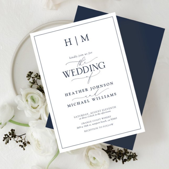 Elegant Formal Navy Blue Calligraphy Wedding Invitation (Creator Uploaded)