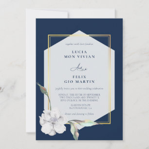 Elegant Formal Navy Blue Golden Frame Wedding Invitation