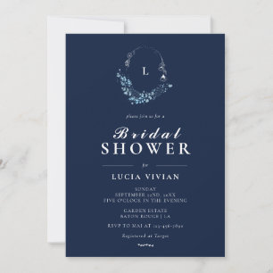 Elegant Formal Navy Blue Monogram Bridal Shower Invitation