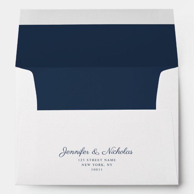 Elegant Formal Navy Blue Script Wedding Address Envelope (Back (Bottom))