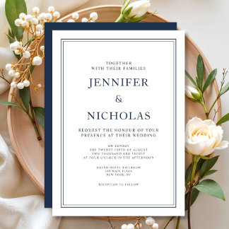 Elegant Formal Navy Blue Wedding Invitation