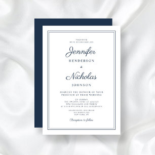 Elegant Formal Navy Blue Wedding  Invitation
