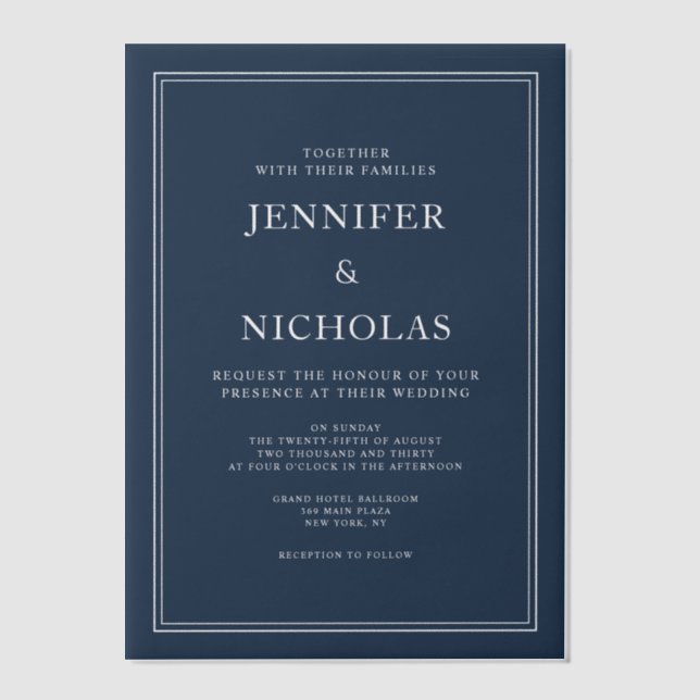 Elegant Formal Navy Blue Wedding Vellum Invitations (Front)
