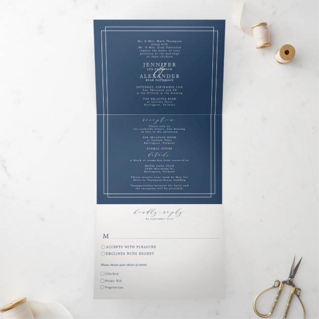 Elegant Formal Navy Bold Wedding Tri-Fold Invitation (Inside)