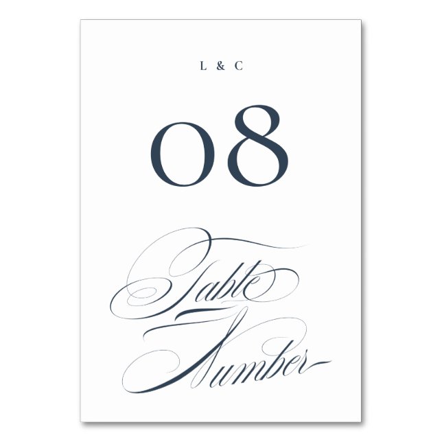 Elegant Formal Navy on White Calligraphy Wedding Table Number (Front)