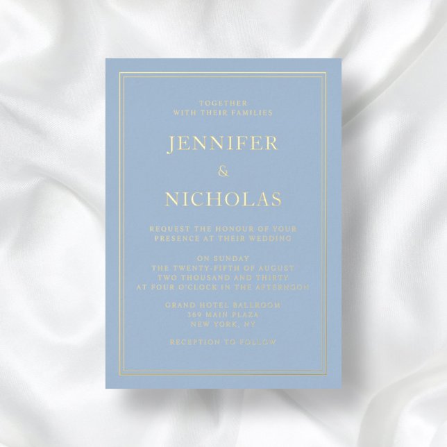 Elegant Formal Powder Blue Wedding Gold (Front / Elegant Formal Blue Wedding Gold Foil Invitation)