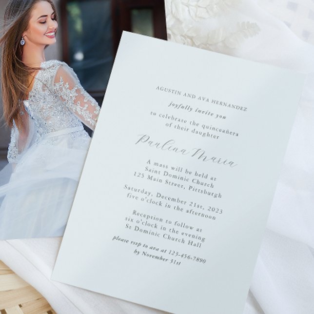 Elegant Formal Religious Quinceañera Photo Invitation (Formal and elegant blue quinceanera photo invitation.)