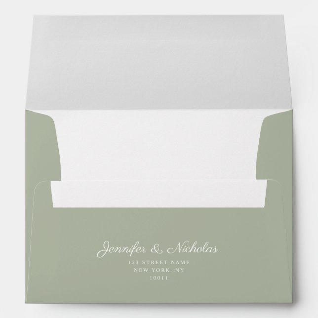 Elegant Formal Sage Green Script Wedding Address Envelope (Back (Bottom))