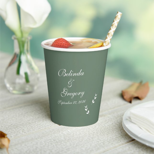 Elegant Formal Sage Olive Green Script Wedding Paper Cups (Insitu)
