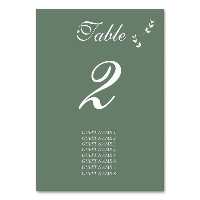 Elegant Formal Sage Olive Green Script Wedding Table Number (Front)