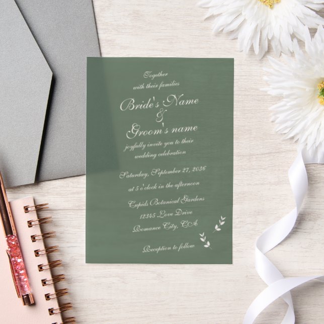 Elegant Formal Sage Olive Green Script Wedding Vellum Invitations (Wedding)