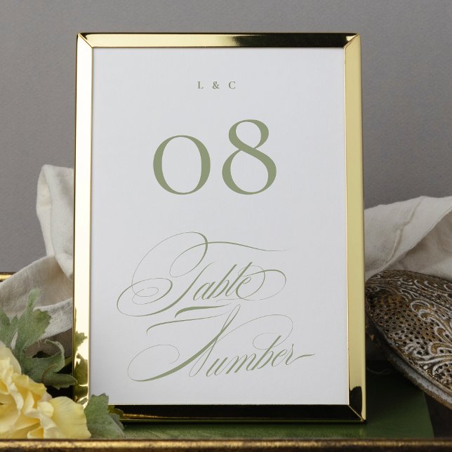 Elegant Formal Sage on White Calligraphy Wedding Table Number (Creator Uploaded)