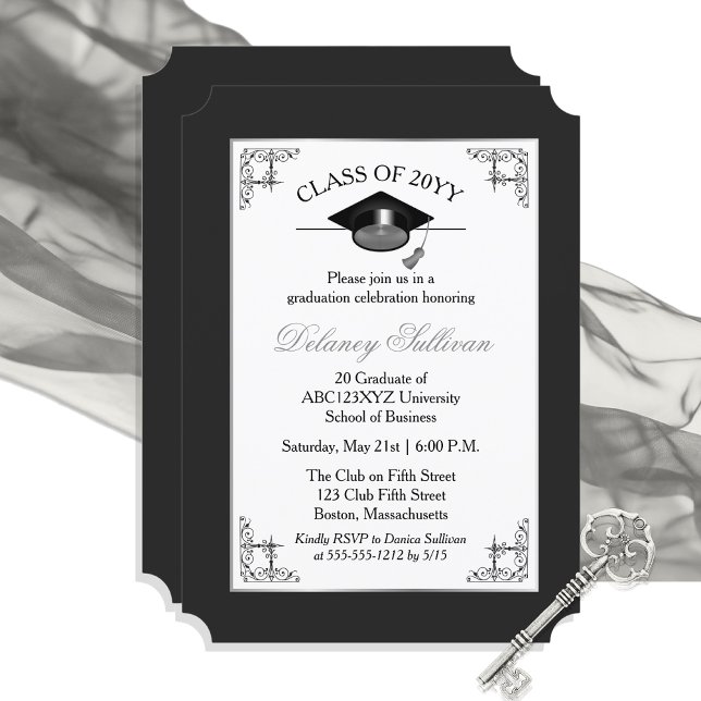 Elegant Formal Silver College Graduation Party Invitation (Elegant Formal Black Silver Tone College Graduation Announcement Party Invitation - Print | Download)