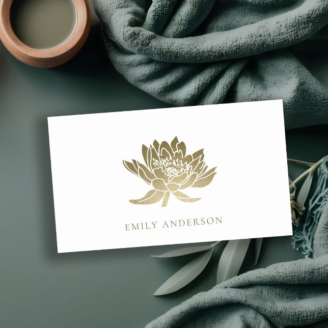 ELEGANT FORMAL TRENDY GLAM FAUX GOLD LOTUS FLORAL BUSINESS CARD (Creator Uploaded)