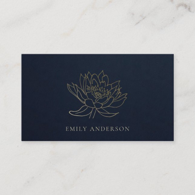 ELEGANT FORMAL TRENDY NAVY FAUX GOLD LOTUS FLORAL BUSINESS CARD (Front)