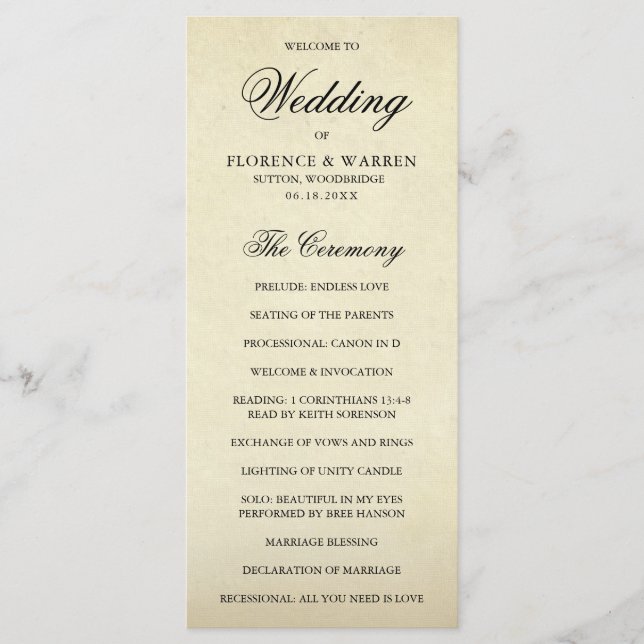 Elegant Formal Vintage Wedding Program (Front)