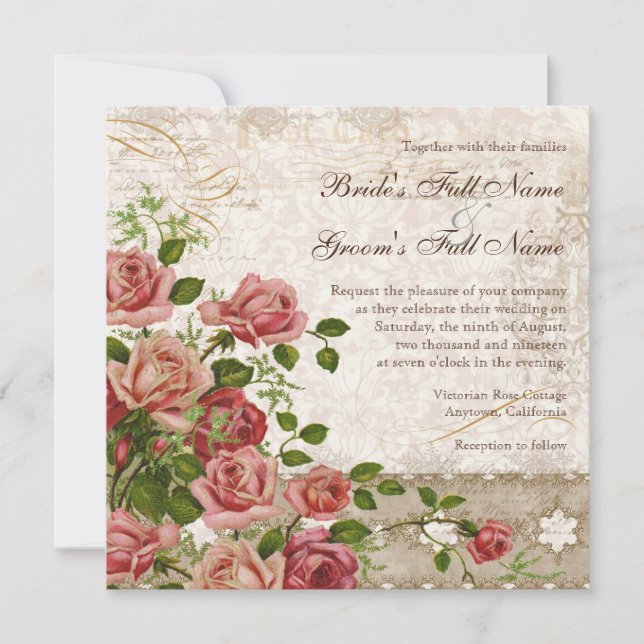 Elegant Formal Wedding Invite Tea Rose Vintage (Front)