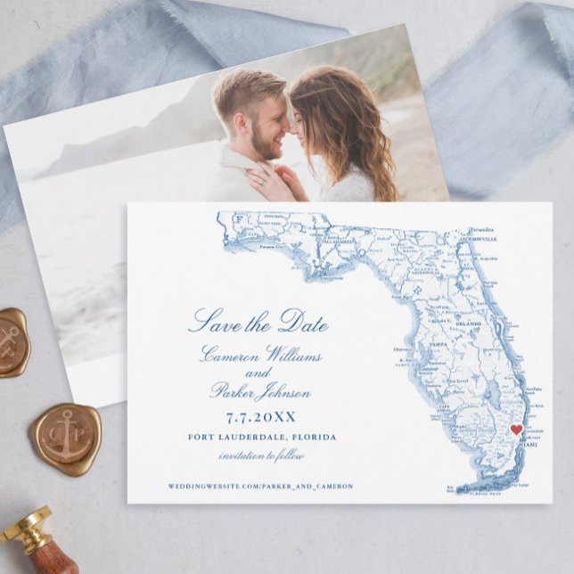 Elegant Fort Lauderdale Florida Wedding Navy Map Save The Date (Elegant Fort Lauderdale Wedding Save the Date with navy blue map from Coastal Map Designs)