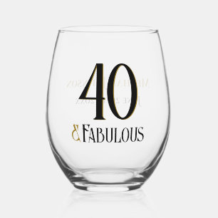 Elegant Forty and Fabulous Name Date Birthday Stemless Wine Glass