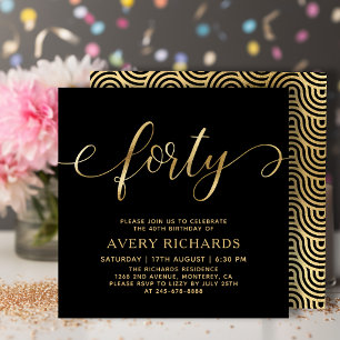 Elegant Forty Gold Script Black 40th Birthday Invitation