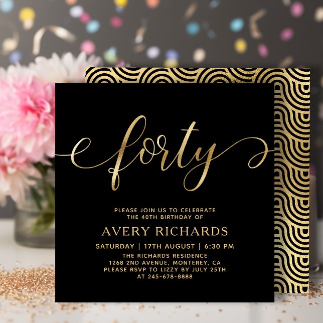 Elegant Forty Gold Script Black 40th Birthday Invitation (Creator Uploaded)