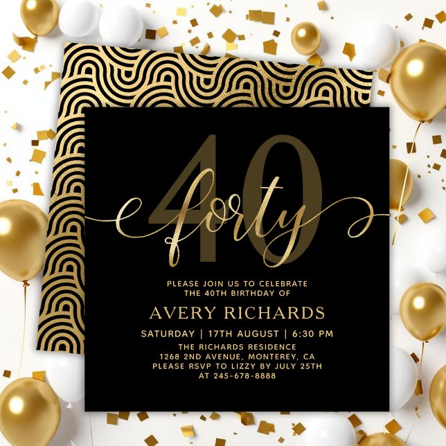 Elegant Forty Gold Script Black 40th Birthday Invitation (Creator Uploaded)