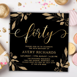 Elegant Forty Script Gold Black 40th Birthday Invitation