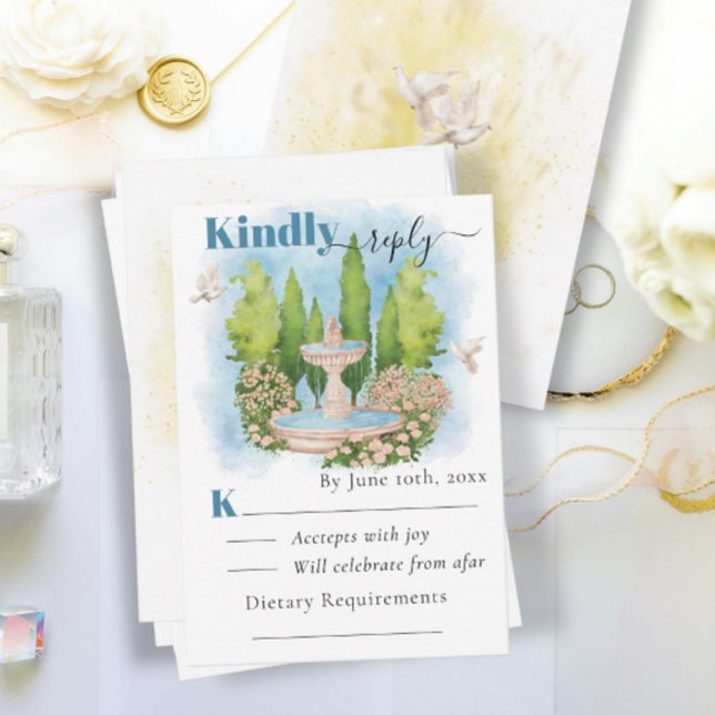 Elegant Fountain Flowers doves Summer Wedding RSVP Card (Creator Uploaded)