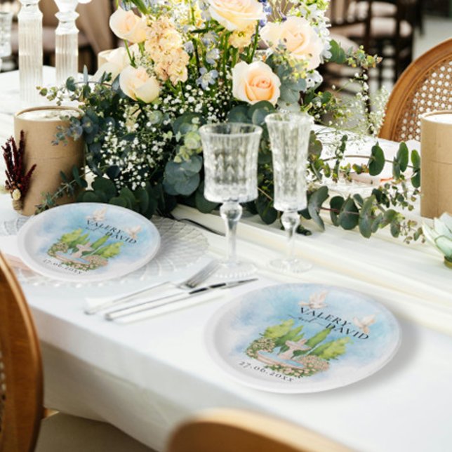 Elegant Fountain | flowers doves Wedding Luxury Paper Plate (Creator Uploaded)